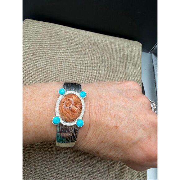 Southwestern Sterling Silver Cuff Bracelet – Jasper & Turquoise Stones – Artisan - Picture 3 of 7